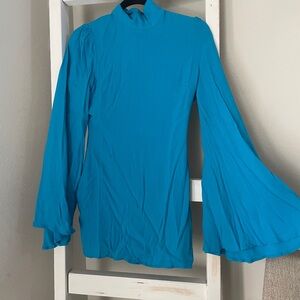 Blue Mini Dress with Mandarin Collar and Relaxed Sleeves